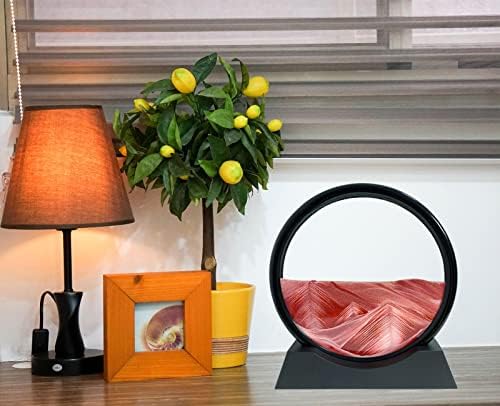 Moving Sand Art Liquid Motion - Moving Sand Art Picture Decor 3D Deep Sea Sandscape, Round Glass Frame Display Flowing Sand Relaxing Toy for Desktop Home Office Work Decoration(Red, 12")