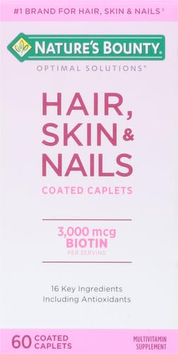 Nature's Bounty Optimal Solutions Hair, Skin & Nails Formula, with 3,000 mcg Biotin, 20 Total Servings, 60 Coated Caplets (Pack of 2)