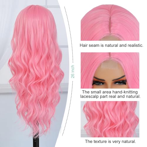 Long Wavy Pink Wig for Women 26 Inch Middle Part Pink Curly Wavy Wig Natural Looking Synthetic Heat Resistant Fiber Wig for Daily Halloween Cosplay Party Use (26 Inch, Pink)