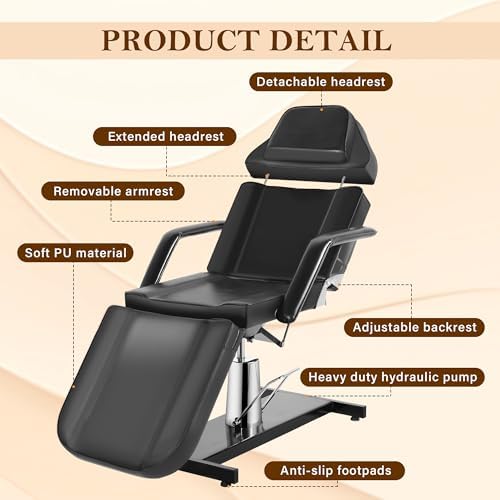 Facial Tattoo Chair, Hydraulic Esthetician Bed with Rolling Stool, Extended Head Spa Tattoo Artist Massage Table 360° Swivel Salon Beauty Spa Equipment w/Removable Armrests, Black