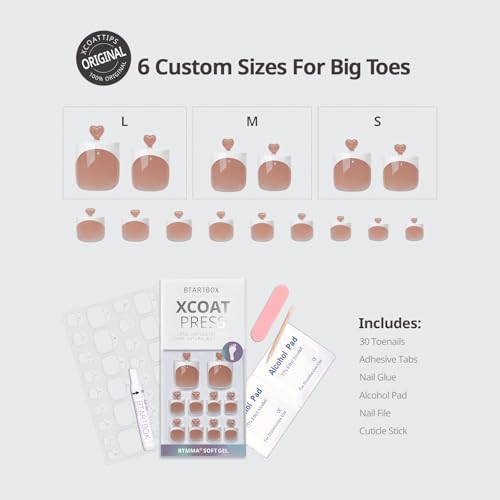 BTArtbox Press On Toenails - Lamp-Curable Real Square Toe Nail Press Ons with Glue for Women, Semi-Transparent Fake Toe Nail Tips with French Tip in 15 Sizes - 30 Toenails Kit, Exude Elegance