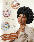 Mulberry Silk Bonnet for Sleeping Women Curly Hair Bonnets with Tie Band Double Layer Reversible Sleep Bonnet Silk Hair Wrap Sleep Cap (Black)