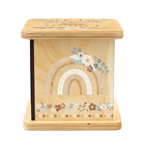 Wooden Piggy Bank for Kids and Adults, Personalized Gift Handmade in USA by BloomOwl, Custom Piggy Bank, Personalized Banks for Kids, Gifts for Baby Boys and Girls (Rainbow- Boho Floral)