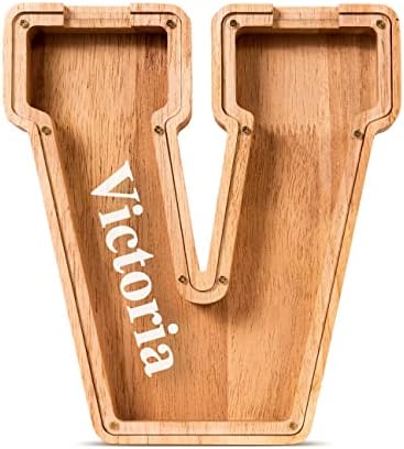 Summidate Customized Name Large Wooden Piggy Bank for Kids Boys Girls Alphabets Letter A-Z Coins Bills Money Change Bank Box Initial on Clear Cover (Laser Engraved) (Alphabet-V, Personalized-9")