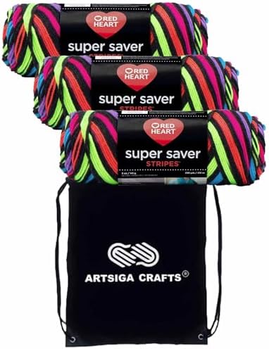 Red Heart Super Saver Neon Stripes E300-3957 (3-Skeins - Same Dye Lot) Worsted Medium #4 Acrylic Yarn for Crocheting and Knitting with Project Bag