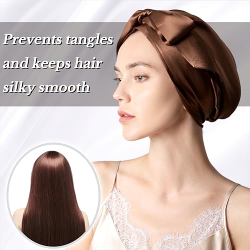 22 Momme 100% Mulberry Silk Sleep Cap for Women, Pure Mulberry Hair Bonnet, Anti-Frizz Head Wrap with Elastic Stay On Head, Dark Brown