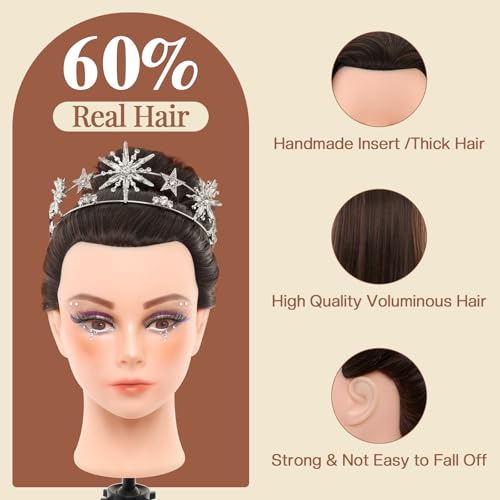 28Inch 60% Real Hair Makeup Mannequin Head, Cosmetology Mannequin Head with Hair for Makeup Braiding Curling Cuting,Makeup Doll Head for Hair Styling with Table Clamp Hair Styling Set(Dark Brown)