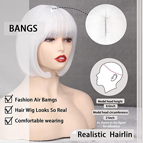 WERD Short White Bob Wig Bangs Straight White Wig for Women Natural Synthetic Short White Wig Bangs for Daily Party Cosplay Halloween