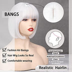 WERD Short White Bob Wig Bangs Straight White Wig for Women Natural Synthetic Short White Wig Bangs for Daily Party Cosplay Halloween