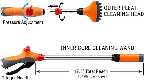 Jet Stream Spa & Pool Filter Cleaner Dual Tool Set with Fan Spray Head for Outer Pleats + Long-Reach 360° Cartridge Core Cleaning Wand