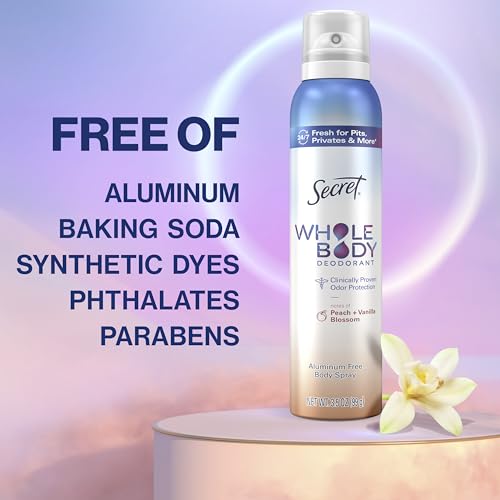 Secret Whole Body Deodorant Spray for Women, Peach & Vanilla Scent, Aluminum Free Deodorant Spray, 72 HR Odor Protection, 3.5 oz