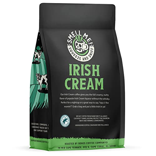 Bones Coffee Company Irish Cream Flavored Coffee Beans, Whole Bean Coffee Medium Roast Low Acid, Nutty Flavor (12 oz)