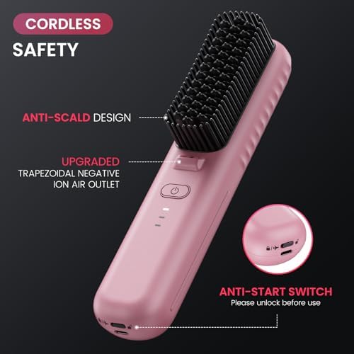 Cordless Hair Straightener Brush, Portable Mini Straightening Brush for Travel, Negative Ion Hot Comb Hair Straightener for Women, Cherry Blossoms Pink