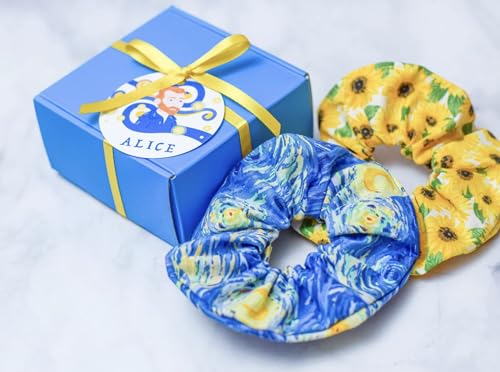 Van Gogh Starry Night Painting Scrunchies Hair Ties with Box & Custom Name Tag