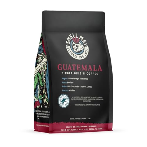 Bones Coffee Company Guatamela Single-Origin Coffee Beans, Whole Bean Coffee Medium Roast Gifts Low Acid Gourmet, Milk Chocolate, Citrus, Caramel Notes (12 oz)