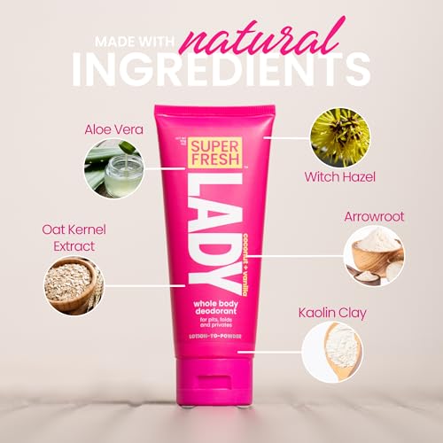 Whole Body Deodorant Lotion For Women by Super Fresh Lady | POWDER LOTION for Privates & Body to Stop Chafe & Odor | Aluminum Free | Coconut + Vanilla Scent | 4oz (2pk)