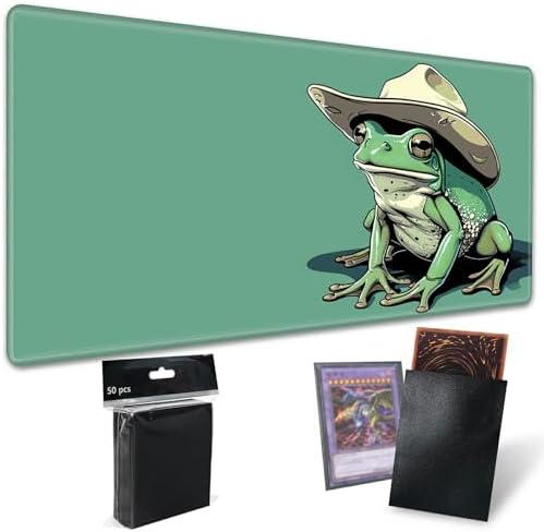 TCG Playmat Board Game Mat Plus 50 Pcs Card Sleeves, 24 x 14 Table Mats Game Mousepad with Soft Surface Non-Slip Base for MTG RPG CCG Trading Card Game Playmats, Green Frog