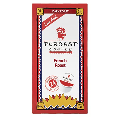 Puroast Low Acid Coffee Single-Serve Pods, French Roast, Certified Low Acid Coffee - pH above 5.5, Dark Roast, Original, (24 Count)- Gut Health, Higher Antioxidant, Roasted with Clean Energy - Compatible with Keurig 2.0 Coffee Makers
