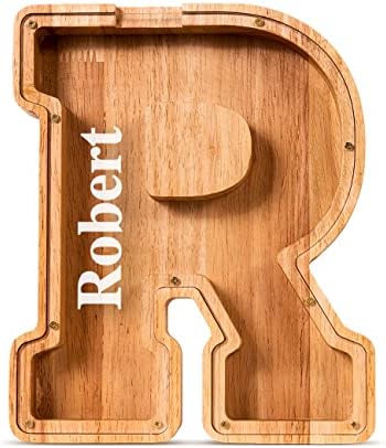 Summidate Customized Name Large Wooden Piggy Bank for Kids Boys Girls Alphabets Letter A-Z Coins Bills Money Change Bank Box Initial on Clear Cover (Laser Engraved) (Alphabet-R, Personalized-9")