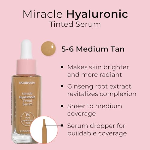 MCoBeauty Miracle Hyaluronic Tinted Serum, 5-6 Medium/Tan, Hydration & Glow for Radiant Skin, Vegan, Cruelty Free Cosmetics