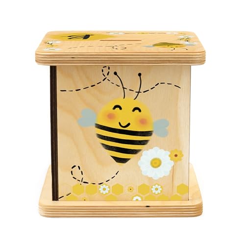 Wooden Piggy Bank for Kids and Adults, Personalized Gift Handmade in USA by BloomOwl, Custom Piggy Bank, Personalized Banks for Kids, Gifts for Baby Boys and Girls (Bee)