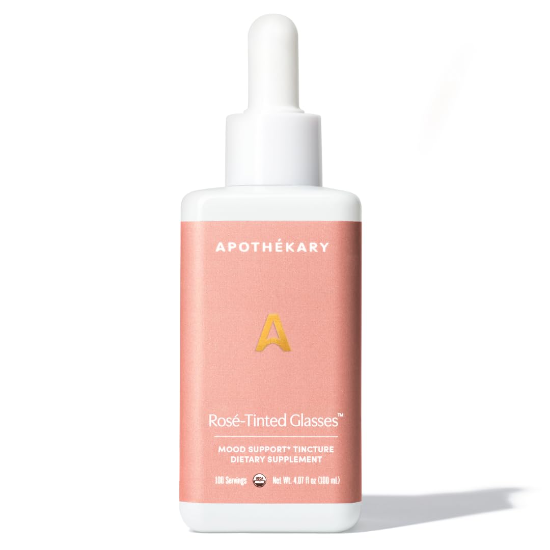 Apothékary Rosé-Tinted Glasses, Supports a Balanced Mood & Focus, Alcohol-Free, Wine-Inspired Herbal Liquid Drops with Schisandra Berry & Lion's Mane Mushroom, Certified Organic, 4 fl oz, 100 Servings