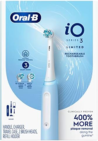 Oral-B iO Deep Clean Rechargeable Electric Powered Toothbrush, Icy Blue with iO Series 3 Limited, 2 Brush Heads and Travel Case - Pressure Sensor to Protect Gums - 3 Cleaning Settings - 2 Minute Timer