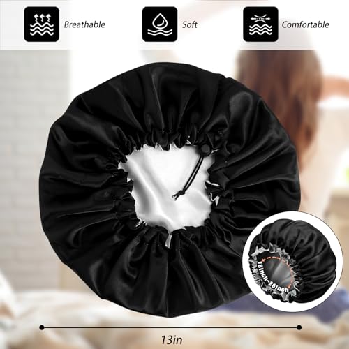 Satin Silk Bonnet for Curly Hair Bonnet Braid Bonnet for Sleeping Bonnets for Women Large Double-Layer Adjustable(2Pcs Black)