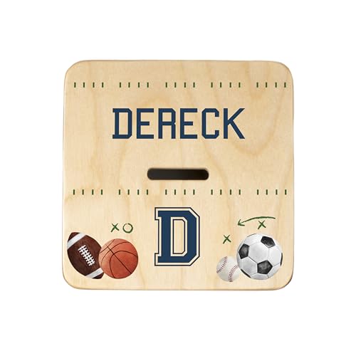 Wooden Piggy Bank for Kids and Adults, Personalized Gift Handmade in USA by BloomOwl, Custom Piggy Bank, Personalized Banks for Kids, Gifts for Baby Boys and Girls (Sports)