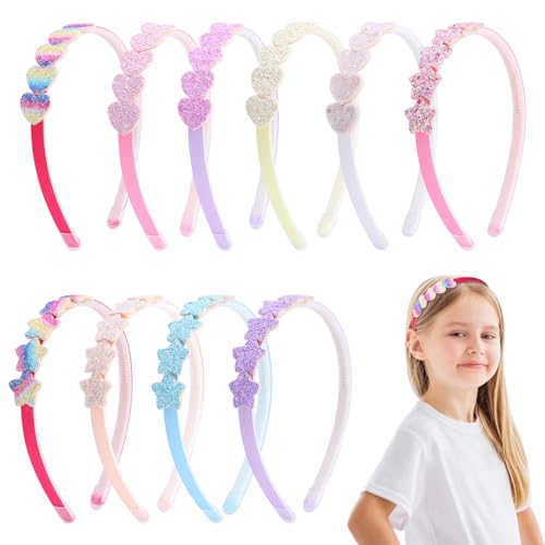 Fishdown Headband for Kids Girls, 10Pcs Rainbow Glitter Hairband for Toddler Heart Rainbow Star Non-slip Headbands with Teeth
