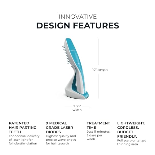 Hairmax Ultima 9 Classic LaserComb -(FDA Cleared) Laser Hair Regrowth Treatment Device for Men & Women - Reverses Thinning Hair Loss - Red Light Therapy to Stimulate Hair Growth - Cordless Design
