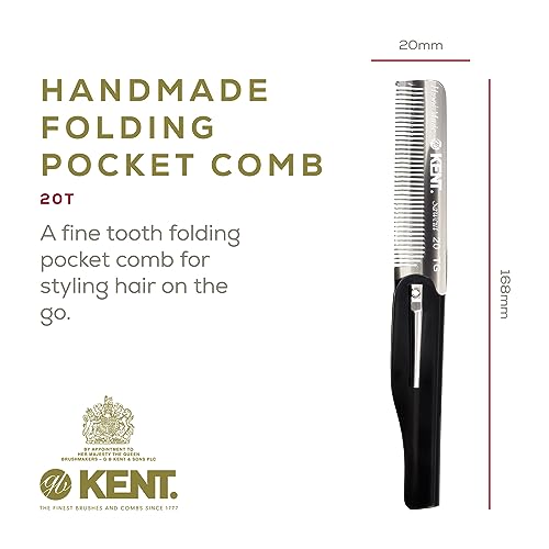 Kent 20T Black Graphite Handmade Folding Pocket Comb for Men, Fine Tooth Hair Comb Straightener for Everyday Grooming Styling Hair, Beard or Mustache, Use Dry or with Balms, Saw Cut, Made in England