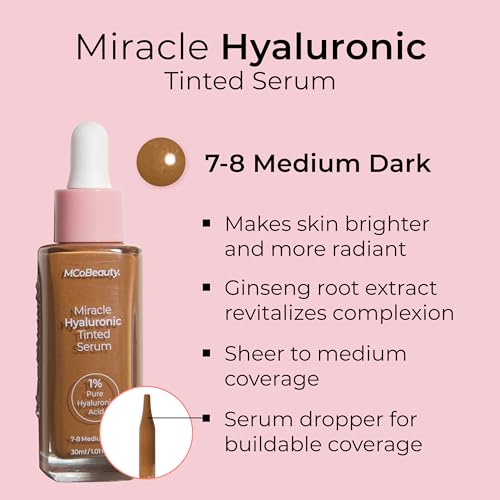 MCoBeauty Miracle Hyaluronic Tinted Serum, 7-8 Medium Dark, Hydration & Glow for Radiant Skin, Vegan, Cruelty Free Cosmetics