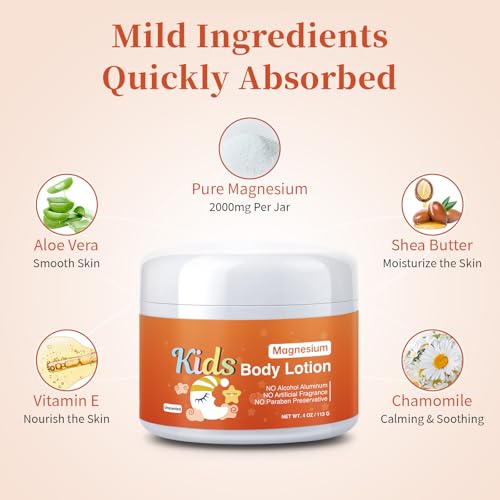 Magnesium Lotion For Kids & Babies, Bedtime Magnesium Cream For Sleep, Leg Cramps, Unscented Calming Magnesium Oil Lotion For Bone & Muscle Relaxation, Apply to Feet, Legs, Body, 4 OZ.