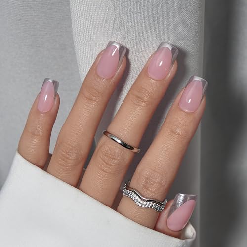 BTArtbox Press on Nails Short - French Tip Press On Nails Square, Silver Glue On Nails, Long Lasting & Natural Stick On Nails in 16 Sizes - 30 Fake Nails Kit, Rock Star