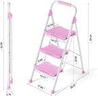 KINGRACK 3 Step Ladder, Sturdy Step Stool with Handrail, Anti-Slip Wide Pedals, 900lbs Foldable Step Stool for Home, Garage, Garden, Household, Large Loading Capacity, Pink