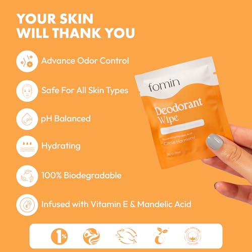 FOMIN Acidified Travel Deodorant Wipes For Women & Men - 15 Count - Citrus Harmony - pH Balanced, Mini Deodorant Travel Size Wipes - Plastic-Free, Individually Wrapped Underarm Body Wipes