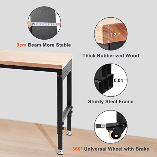 VEVOR Adjustable Workbench, 48" L X 24" W Garage Worktable with Universal Wheels, 28-39.5" Heights & 2000 LBS Load Capacity, with Power Outlets & Hardwood Top & Storage & Foot Pads, for Office Home