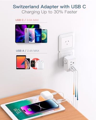 2 Pack Australia New Zealand Power Plug Adapter, Australia Travel Adapter with 3 American Outlets 3 USB Charging Ports (1 USB C), Type I Plug Adapter for US to Australia, Argentina, China