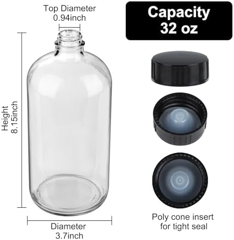 4 Pack 32 oz Clear Boston Round Glass Bottles with Black Caps for Secondary Kombucha Fermentation and Lab Chemicals (1 Funnel and 10 Pieces Black Chalkboard Labels Included)