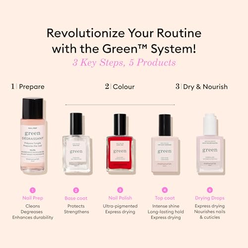 Manucurist System Green Pink (Hortencia) - Professional Manicure Set, Vegan & Plant-Based : 1 Nail Prep, 1 Base Coat, 1 Pink Nail Polish, 1 Top Coat, Drying Drops - No Lamp - Beauty Gift For Woman