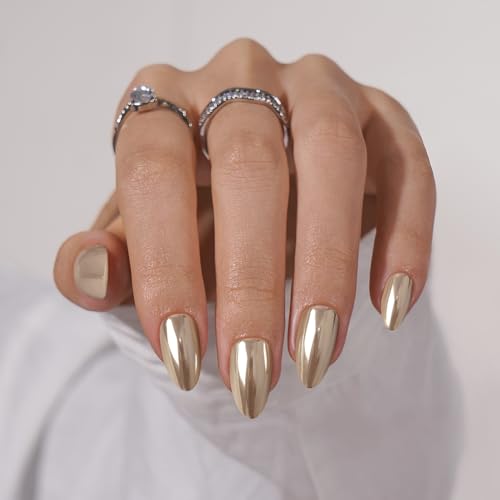 BTArtbox Press On Nails Short - Mirror Shine Silver Press On Nails Almond, Chrome Glazed Glue On Nails for Gifts, Reusable Stick On Nails in 16 Sizes, Holo Pearl