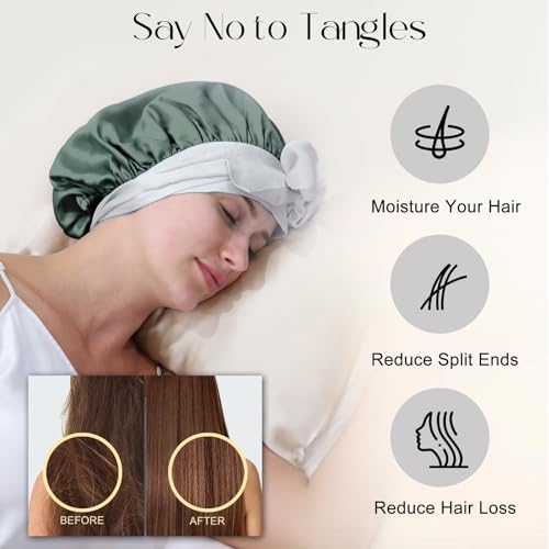 ZIMASILK 100% Mulberry Silk Bonnet for Sleeping Women Long Hair Double Layer Silk Hair Wrap with Silk Tie Band Natural Silk Cap for Hair Care Stay on Head (1Pc, Grayishgreen + Lightgrey)