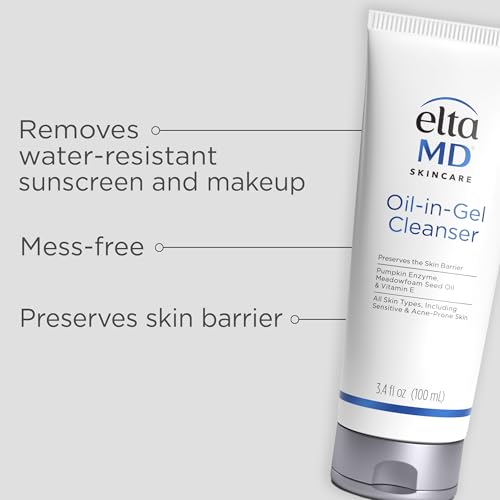EltaMD Oil-In-Gel Facial Cleanser, Daily Gentle Face Cleanser, Removes Long-Wear Makeup, Sunscreen, and Sweat, Cleansing Oil For Face, 3.4 oz Tube