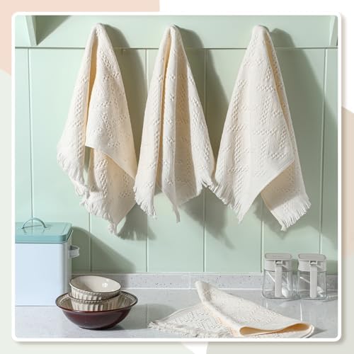 Boho Hand Towels Set of 4 Turkish Cotton 14 x 30 Inch Decorative Absorbent Face Head Towel for Bathroom Kitchen Decor Farmhouse Spa Gym Guest Gift(Beige)