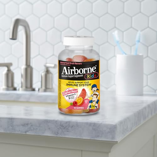Airborne Vitamin C 500mg (per Serving) - Assorted Fruit Flavored Kids Gummies (63 Count in a Bottle), Gluten-Free Immune Support Supplement with Vitamins C E, Selenium