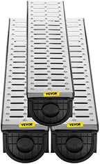 VEVOR Trench Drain System, Channel Drain with Metal Grate, 5.9x5.1-Inch HDPE Drainage for Garage Floors, Black Plastic Trench with End Caps, 3x39 Grate - 3 Pack