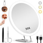 30X Magnifying Mirror with Light, Large 6'' Magnifying Makeup Mirror with Light 30X, Travel Mirror with 30X High Magnification Compact 30X Magnified Mirror with Light, 3 Suction Cup & Adjustable Stand