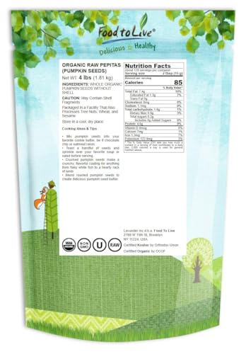 Food to Live Organic Raw Pepitas, 4 Pounds — Non-GMO, Pumpkin Seed Kernels, Unsalted, No Oil, No Shell, Vegan, Kosher, Bulk. Keto Snack.