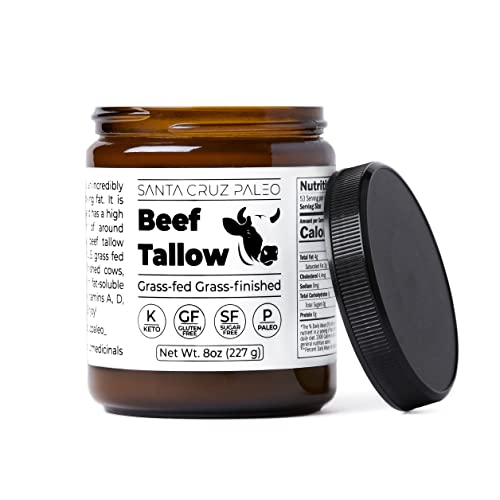 Santa Cruz Paleo Beef Tallow for Skin Care & Cooking, 100% Grass Fed and Finished, Gluten Free, Keto, Sugar Free, Paleo, Use as Lip Balm or Moisturizer, With Vitamin D, E, K, B1, A, Fatty Acids, 8 Oz